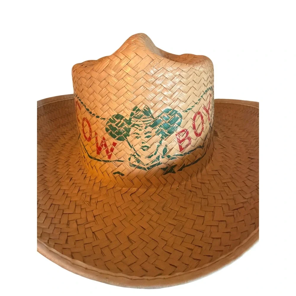 Vintage Cowboy Hat Tan Woven Straw Graphic Print Rodeo Western Chin Strap
